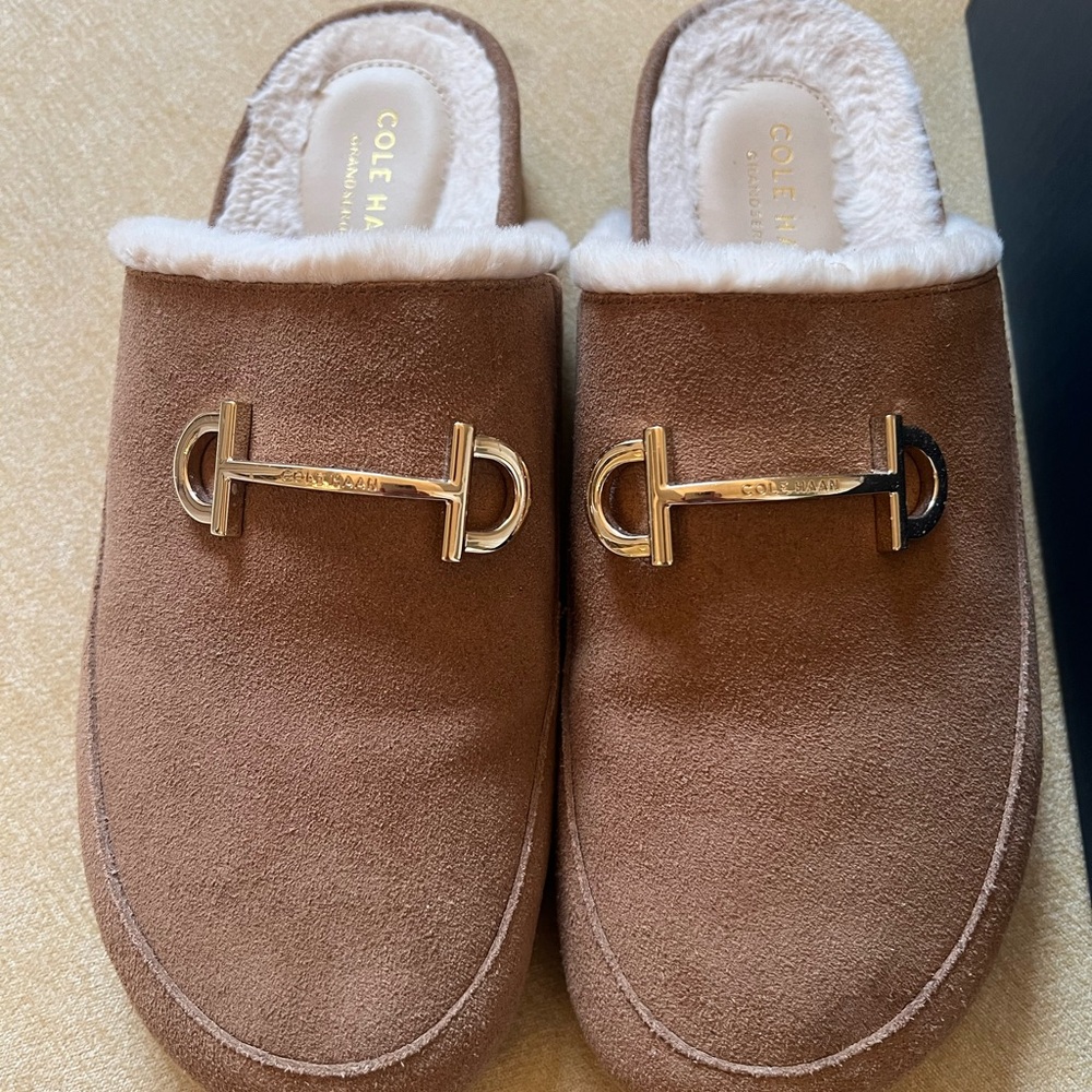 Cole Haan Brown Suede Mules with Gold Hardware Size 8.5 Womens